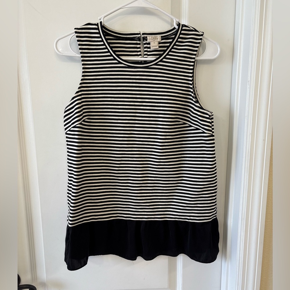 J.Crew XS Black White Stripe Sleeveless Top Blouse Mixed Media Hem